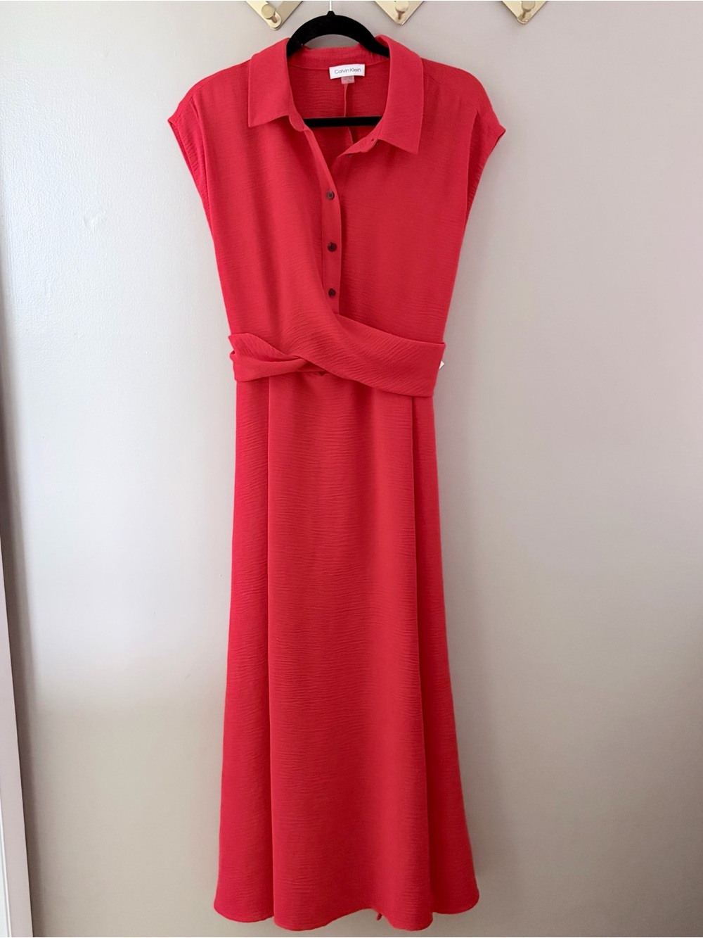 Calvin Klein Red Short Sleeve Belted Maxi Shirt Dress Size 12